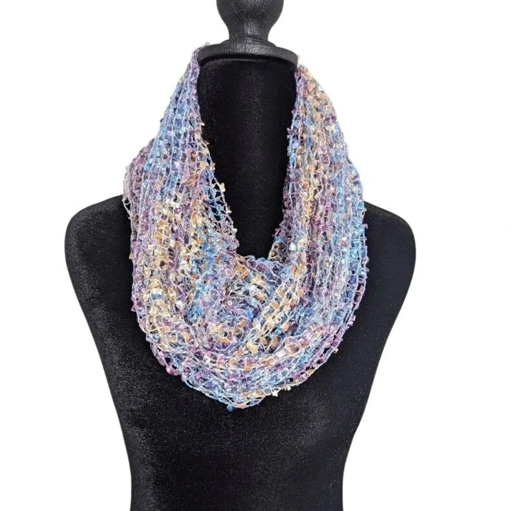 Vintage Y2K Whimsy Fairy Multi Pastel Color Shimmer Sequins Net Crochet Scarf
